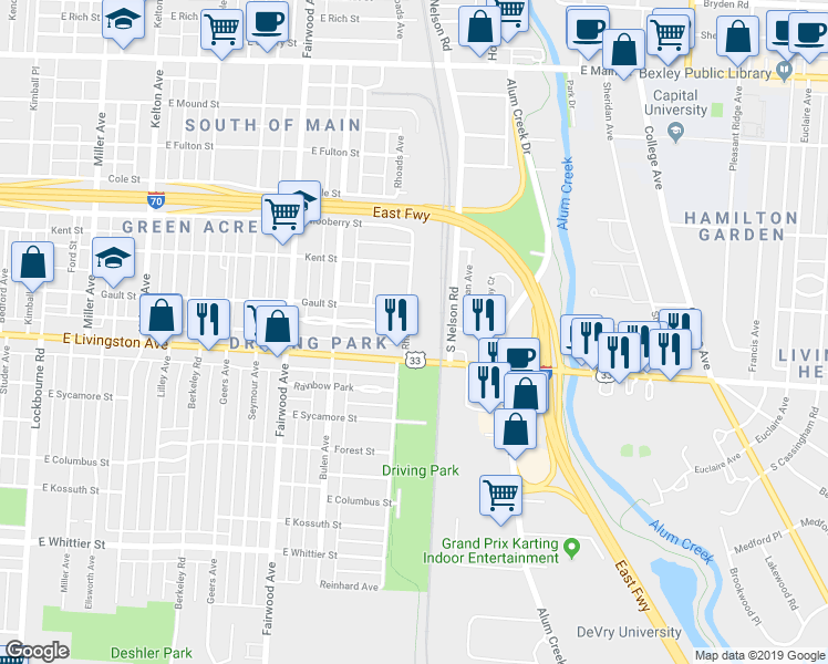 map of restaurants, bars, coffee shops, grocery stores, and more near 1826 East Livingston Avenue in Columbus