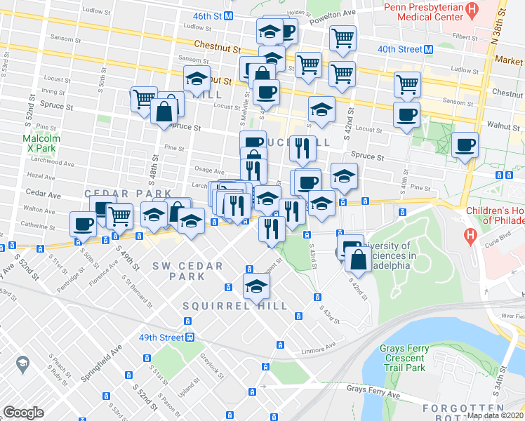 map of restaurants, bars, coffee shops, grocery stores, and more near 4413 Baltimore Avenue in Philadelphia