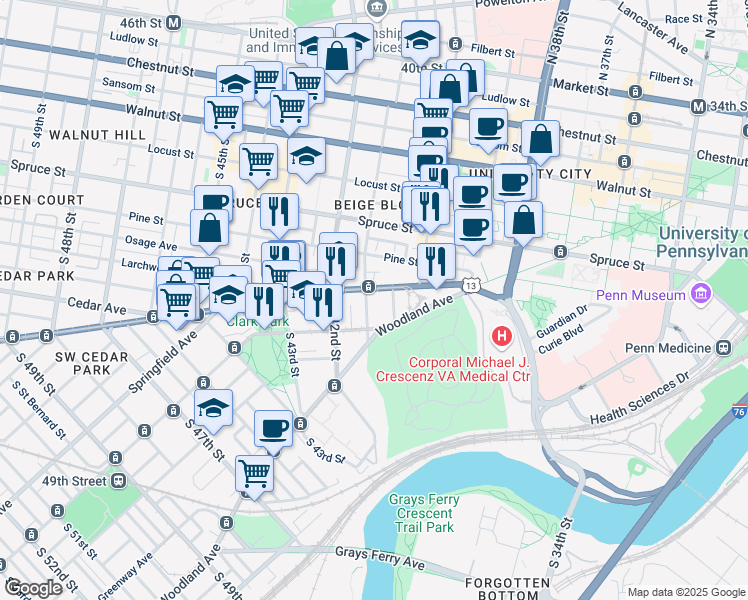 map of restaurants, bars, coffee shops, grocery stores, and more near 507 South 41st Street in Philadelphia
