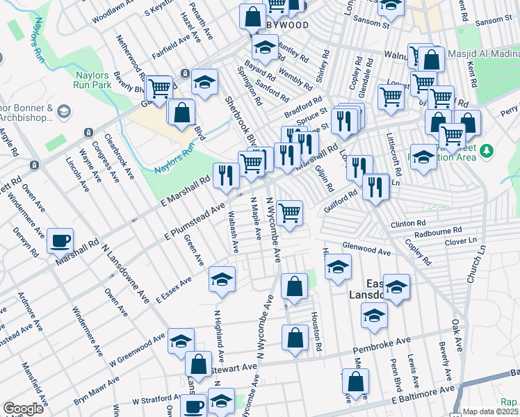 map of restaurants, bars, coffee shops, grocery stores, and more near 297 North Maple Avenue in Lansdowne