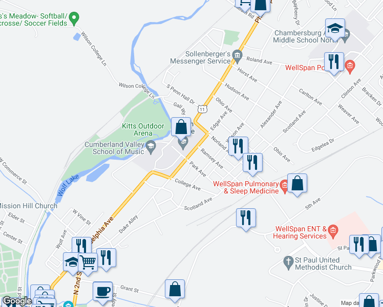 map of restaurants, bars, coffee shops, grocery stores, and more near 1140 Edgar Ave in Chambersburg
