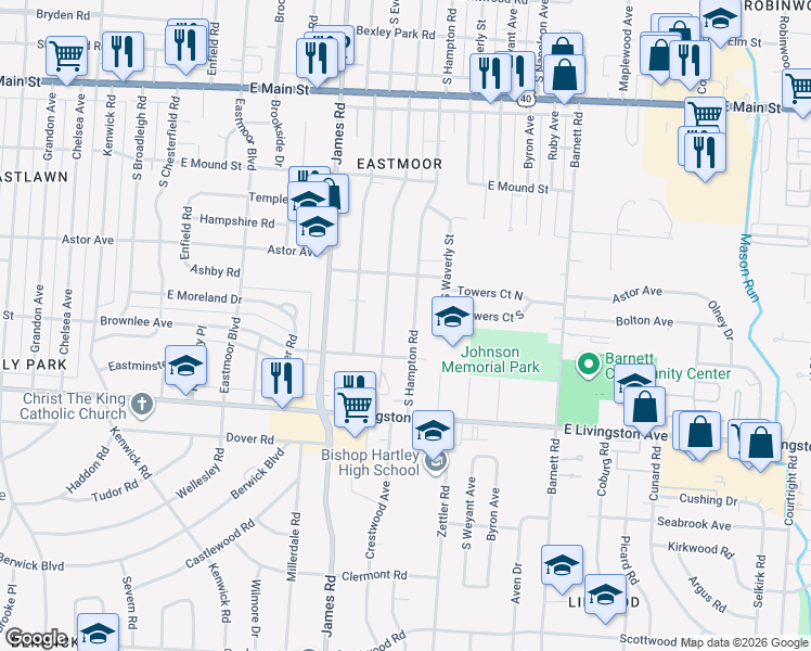 map of restaurants, bars, coffee shops, grocery stores, and more near 1071 South Hampton Road in Columbus