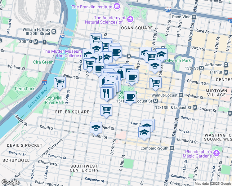 map of restaurants, bars, coffee shops, grocery stores, and more near 233 South 20th Street in Philadelphia