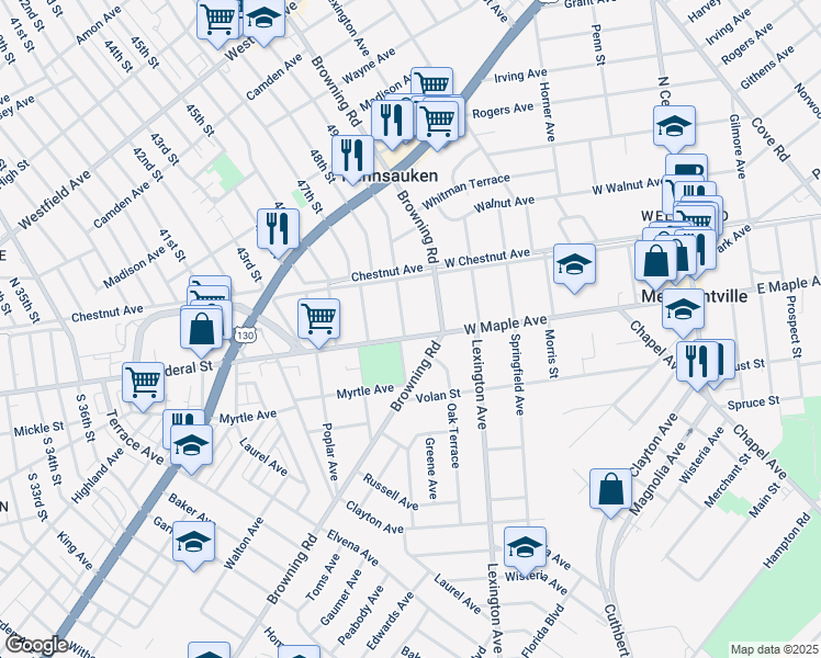 map of restaurants, bars, coffee shops, grocery stores, and more near 413 West Maple Avenue in Merchantville