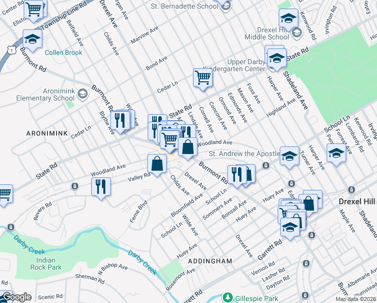 map of restaurants, bars, coffee shops, grocery stores, and more near in Drexel Hill