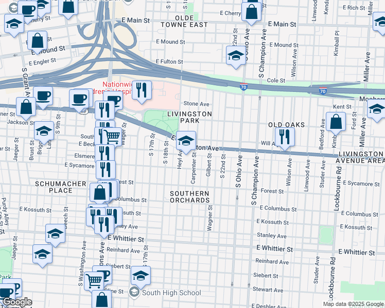 map of restaurants, bars, coffee shops, grocery stores, and more near 737 Carpenter Street in Columbus
