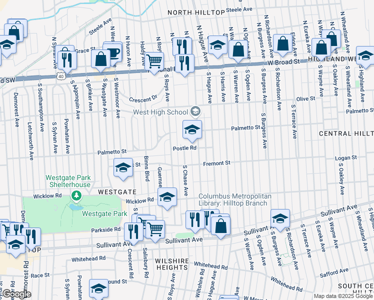 map of restaurants, bars, coffee shops, grocery stores, and more near 256 South Chase Avenue in Columbus