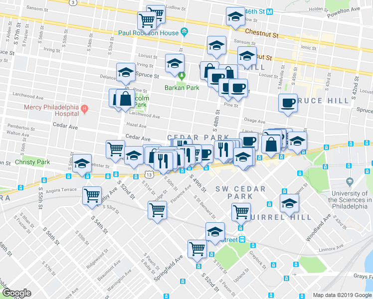 map of restaurants, bars, coffee shops, grocery stores, and more near 4836 Cedar Avenue in Philadelphia