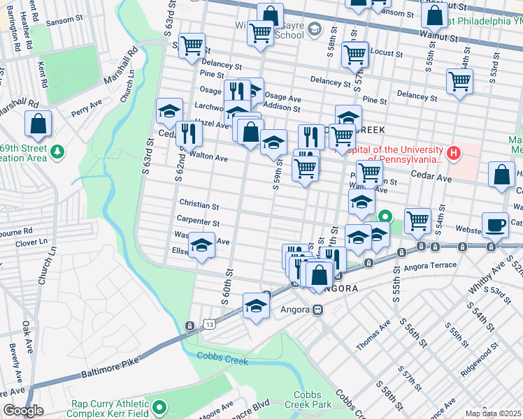 map of restaurants, bars, coffee shops, grocery stores, and more near 5921 Christian Street in Philadelphia