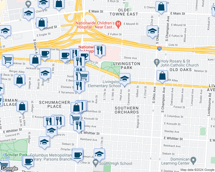 map of restaurants, bars, coffee shops, grocery stores, and more near 720 South 17th Street in Columbus