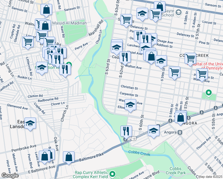map of restaurants, bars, coffee shops, grocery stores, and more near 6235 Carpenter Street in Philadelphia