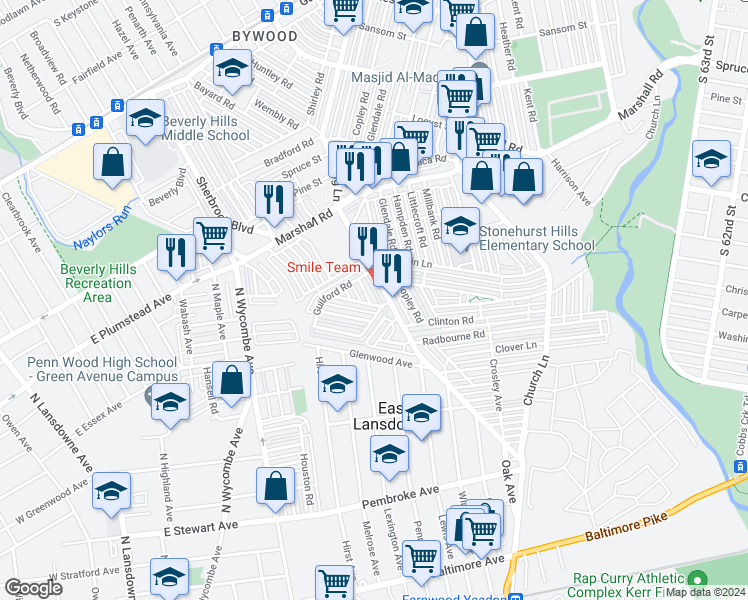 map of restaurants, bars, coffee shops, grocery stores, and more near 441 Croyden Road in Upper Darby