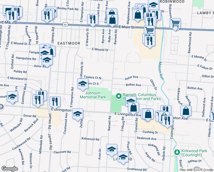 map of restaurants, bars, coffee shops, grocery stores, and more near 1101 Barnett Road in Columbus