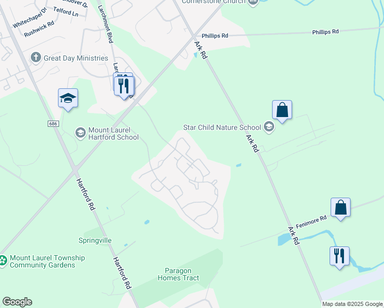 map of restaurants, bars, coffee shops, grocery stores, and more near 905A Harwood Court in Mount Laurel Township