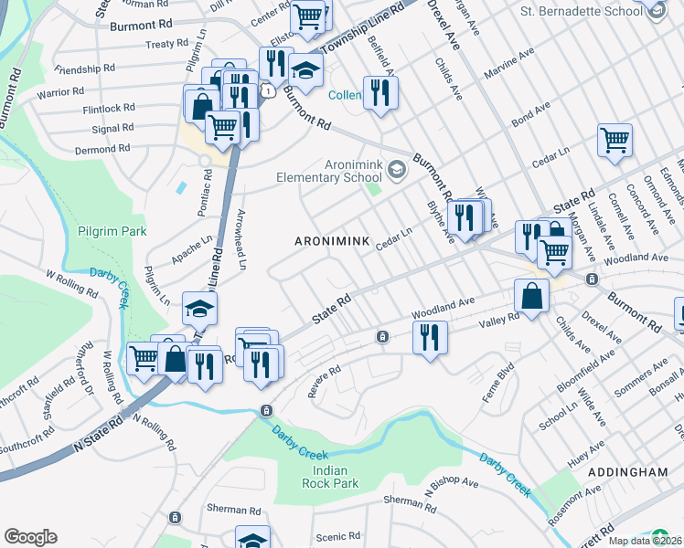 map of restaurants, bars, coffee shops, grocery stores, and more near 816 Stanbridge Road in Drexel Hill