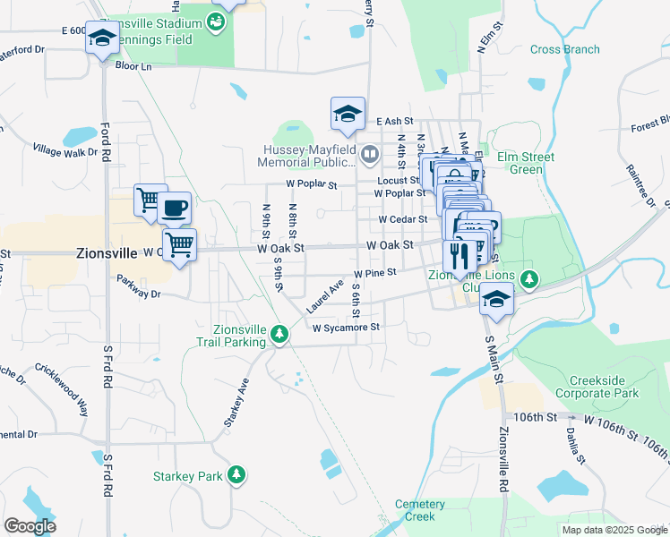 map of restaurants, bars, coffee shops, grocery stores, and more near 720 West Pine Street in Zionsville