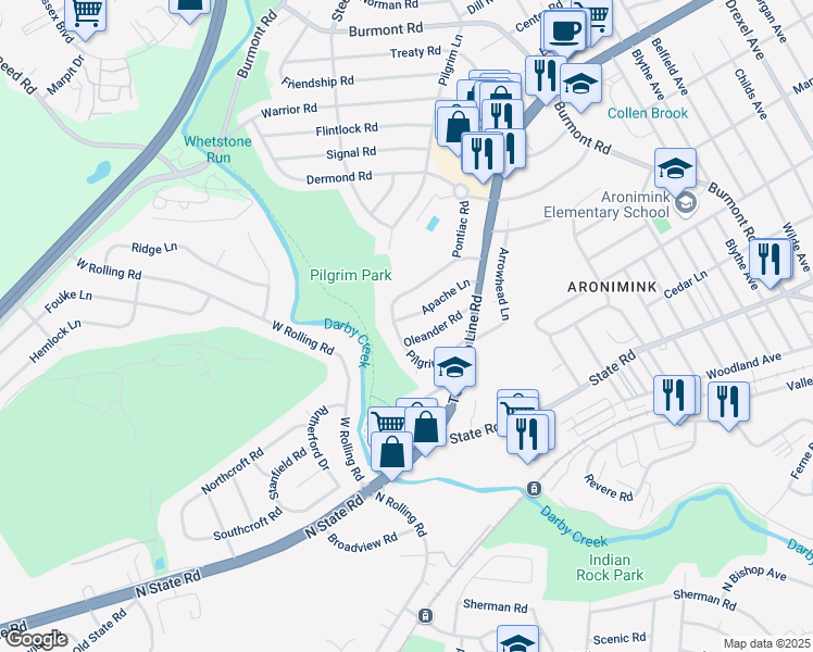 map of restaurants, bars, coffee shops, grocery stores, and more near 5252 Apache Lane in Drexel Hill