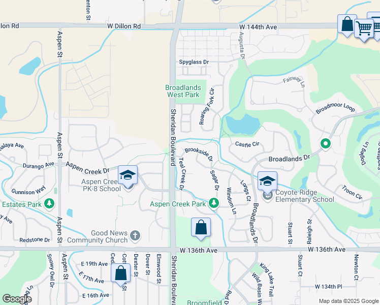 map of restaurants, bars, coffee shops, grocery stores, and more near 5086 Sage Brush Drive in Broomfield