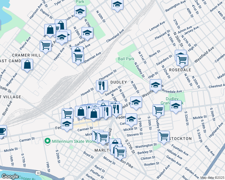 map of restaurants, bars, coffee shops, grocery stores, and more near 300 North 28th Street in Camden