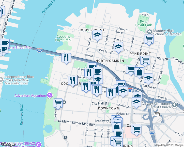 map of restaurants, bars, coffee shops, grocery stores, and more near 317 North 2nd Street in Camden