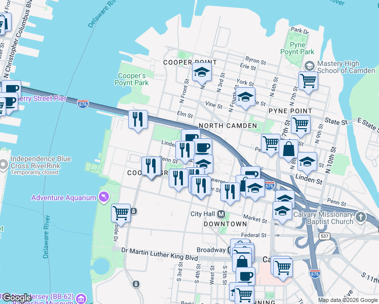 map of restaurants, bars, coffee shops, grocery stores, and more near 317 North 2nd Street in Camden