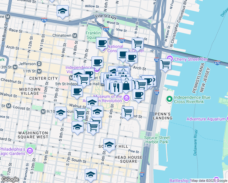 map of restaurants, bars, coffee shops, grocery stores, and more near North Christopher Columbus Boulevard in Philadelphia