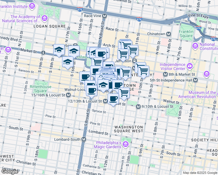 map of restaurants, bars, coffee shops, grocery stores, and more near 1213 Walnut Street in Philadelphia