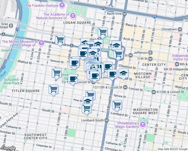 map of restaurants, bars, coffee shops, grocery stores, and more near 1600 Walnut Street in Philadelphia