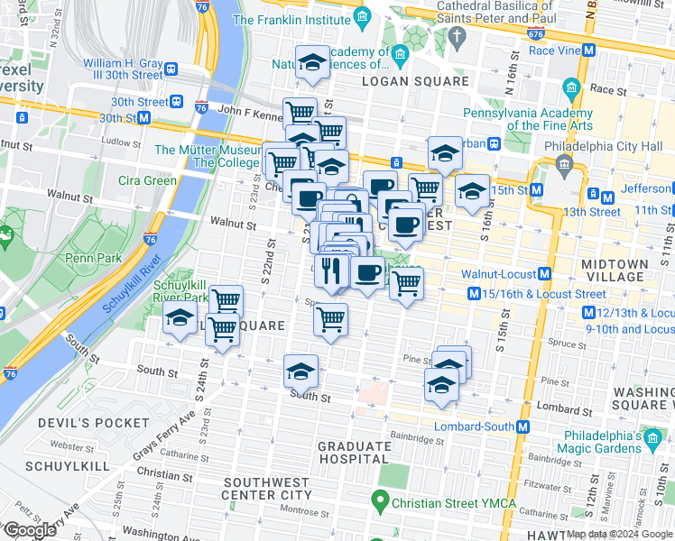 map of restaurants, bars, coffee shops, grocery stores, and more near in Philadelphia