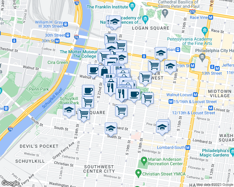 map of restaurants, bars, coffee shops, grocery stores, and more near 259 South 21st Street in Philadelphia