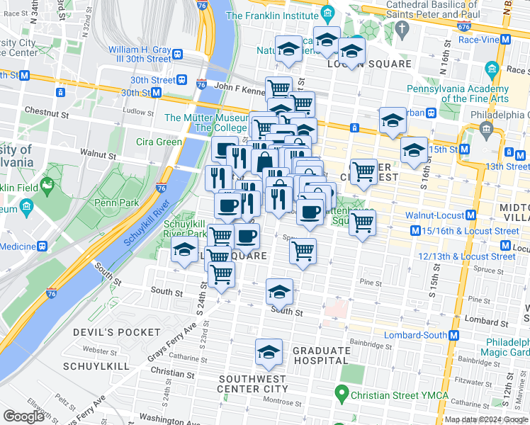 map of restaurants, bars, coffee shops, grocery stores, and more near 2122 Locust Street in Philadelphia