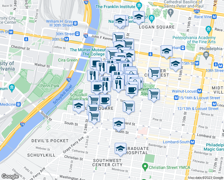 map of restaurants, bars, coffee shops, grocery stores, and more near 2122 Locust Street in Philadelphia