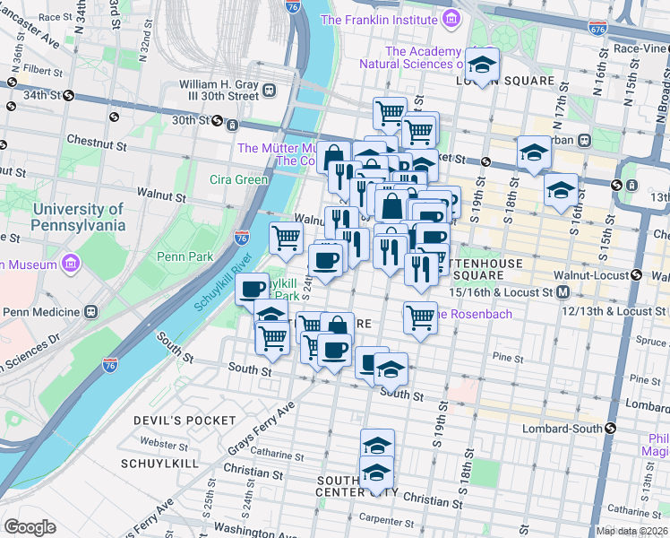 map of restaurants, bars, coffee shops, grocery stores, and more near 2223 Rittenhouse Square in Philadelphia