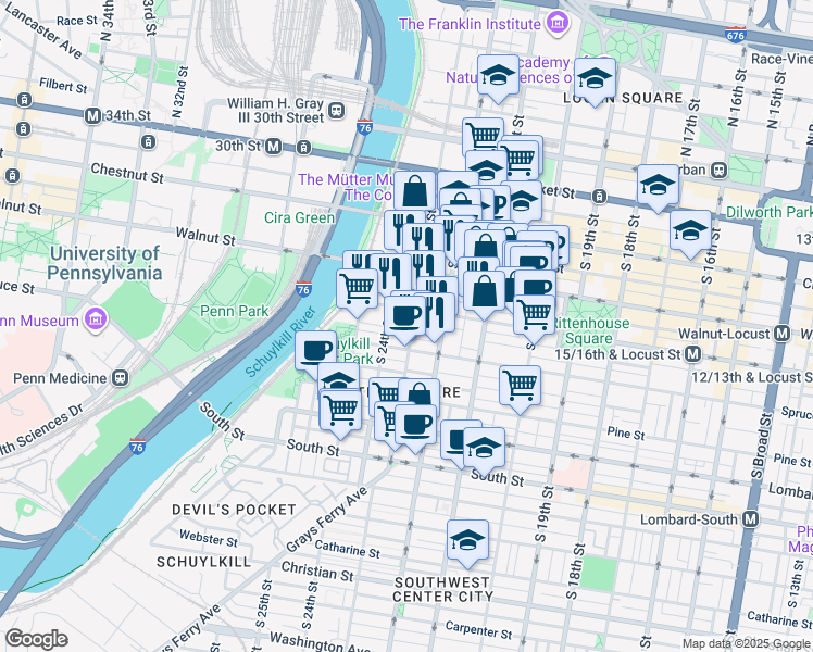 map of restaurants, bars, coffee shops, grocery stores, and more near in Philadelphia