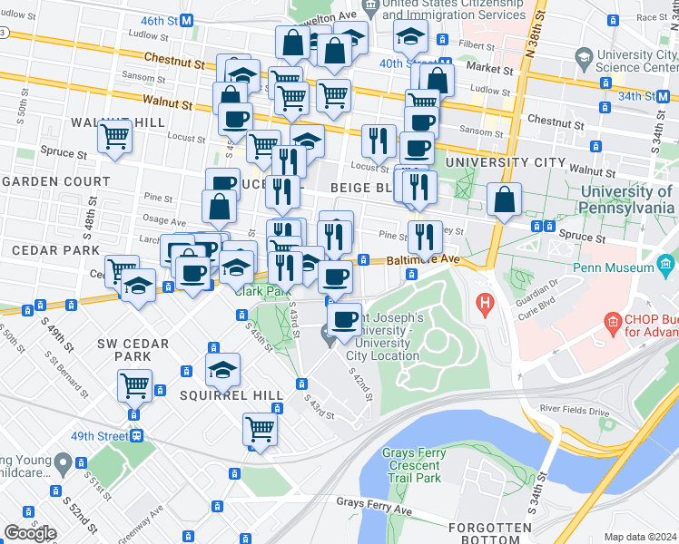 map of restaurants, bars, coffee shops, grocery stores, and more near 505 South 42nd Street in Philadelphia