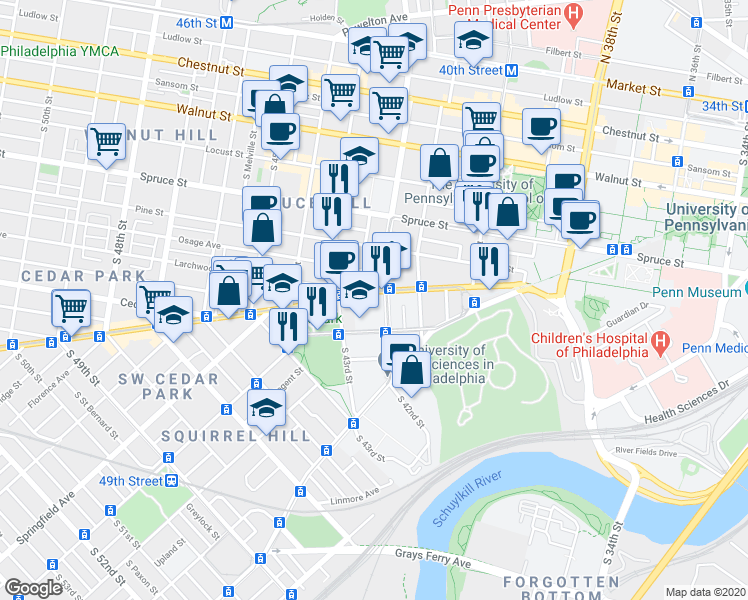 map of restaurants, bars, coffee shops, grocery stores, and more near 505 South 42nd Street in Philadelphia