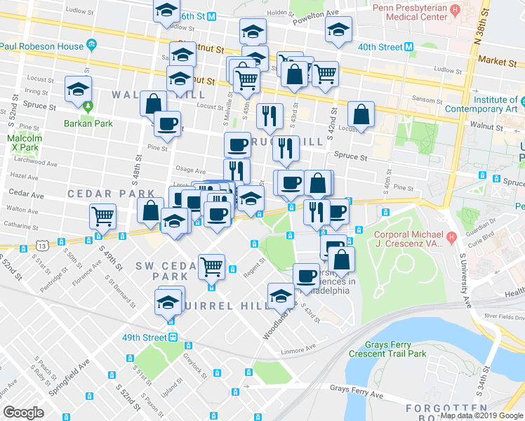 map of restaurants, bars, coffee shops, grocery stores, and more near 516 South 44th Street in Philadelphia