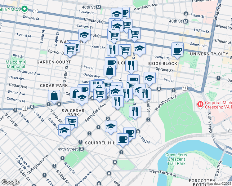 map of restaurants, bars, coffee shops, grocery stores, and more near 516 South 44th Street in Philadelphia
