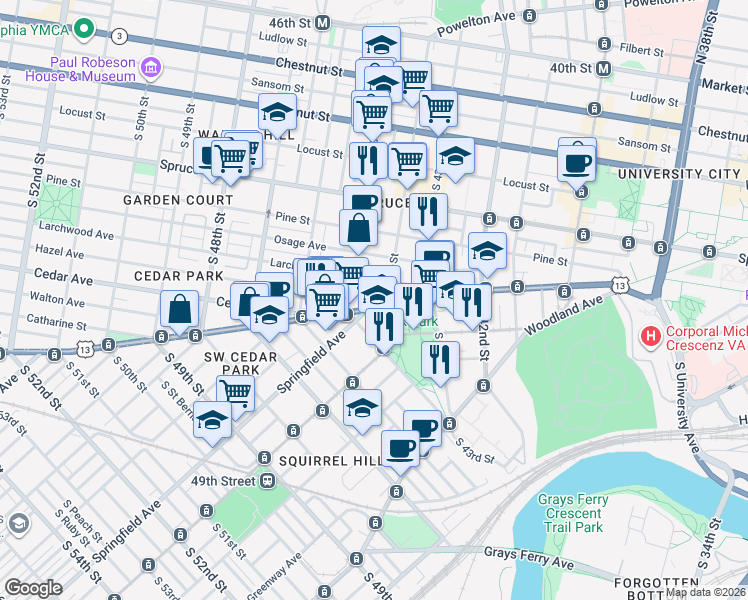 map of restaurants, bars, coffee shops, grocery stores, and more near 516 South 44th Street in Philadelphia