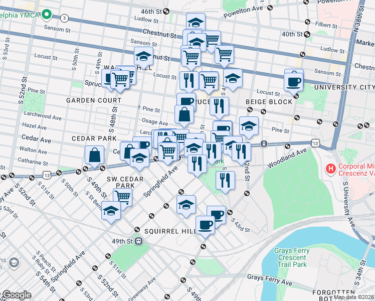 map of restaurants, bars, coffee shops, grocery stores, and more near 4401 Baltimore Avenue in Philadelphia