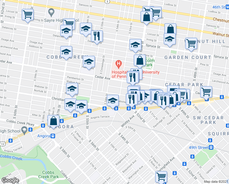map of restaurants, bars, coffee shops, grocery stores, and more near 5311 Catharine Street in Philadelphia