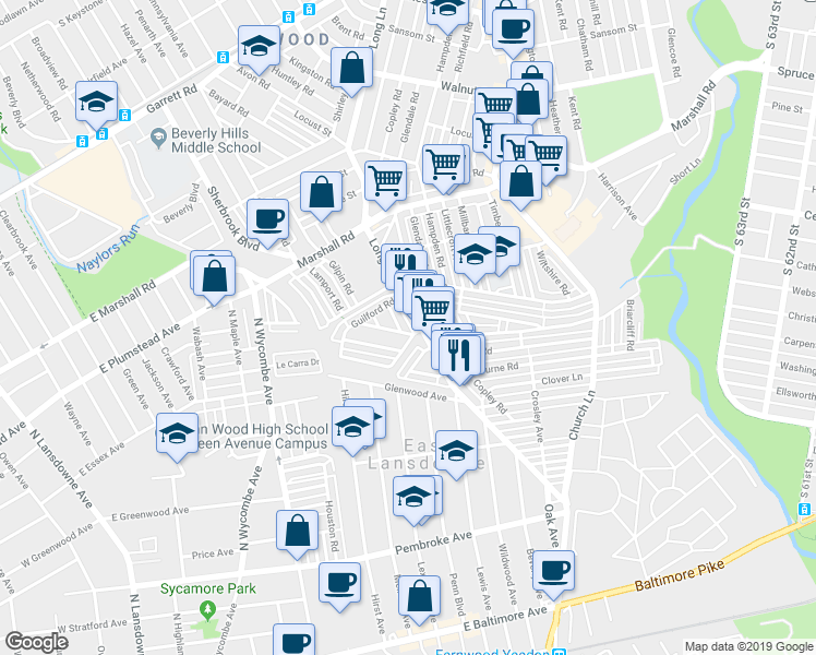 map of restaurants, bars, coffee shops, grocery stores, and more near 430 Croyden Road in Delaware County