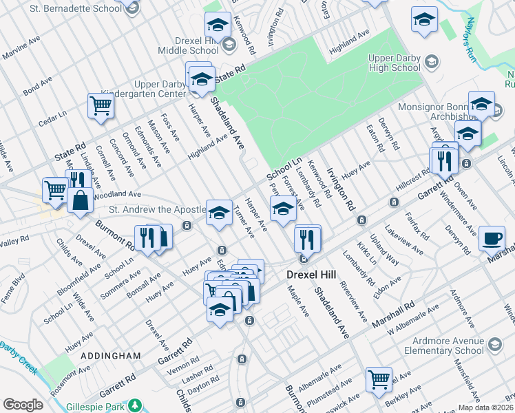 map of restaurants, bars, coffee shops, grocery stores, and more near 525 Harper Avenue in Drexel Hill