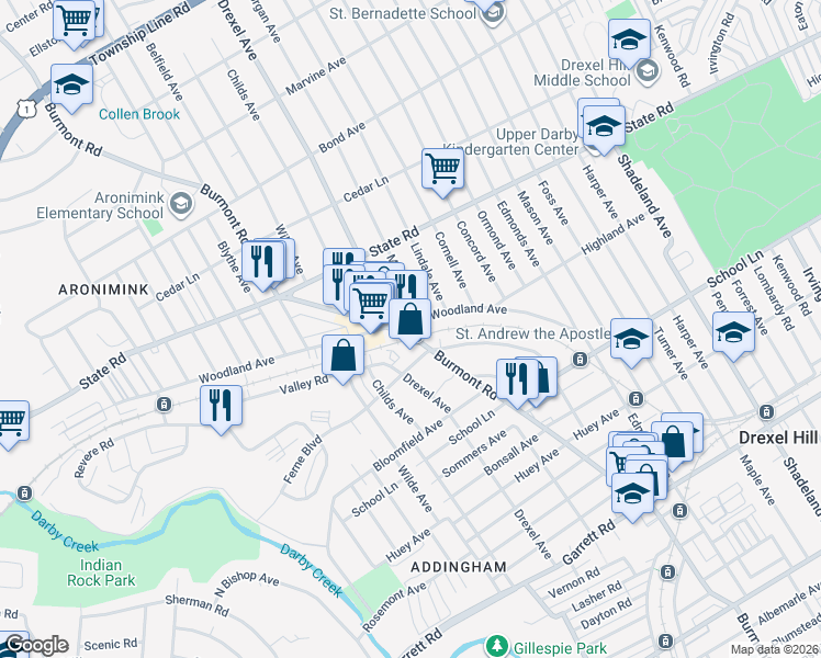 map of restaurants, bars, coffee shops, grocery stores, and more near in Drexel Hill