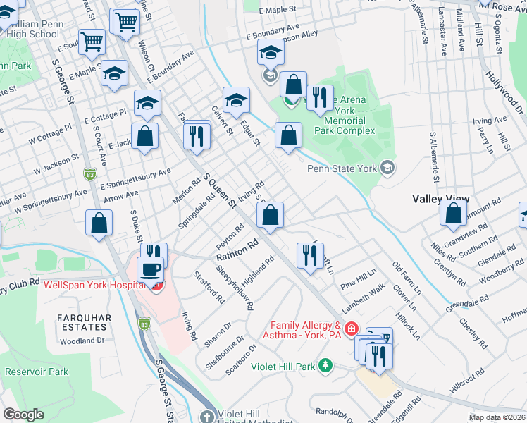 map of restaurants, bars, coffee shops, grocery stores, and more near 1203 South Pine Street in York