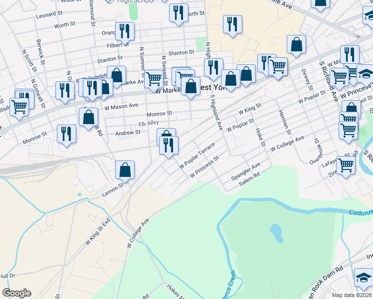 map of restaurants, bars, coffee shops, grocery stores, and more near 1548 West King Street in West York