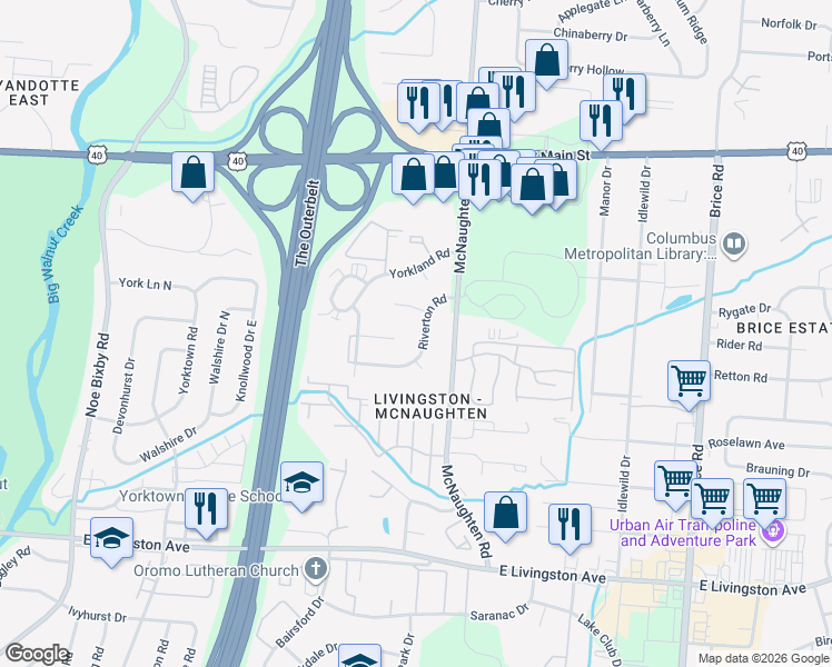 map of restaurants, bars, coffee shops, grocery stores, and more near 5846 Riverton Road in Columbus