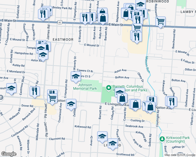 map of restaurants, bars, coffee shops, grocery stores, and more near 1101 Barnett Road in Columbus