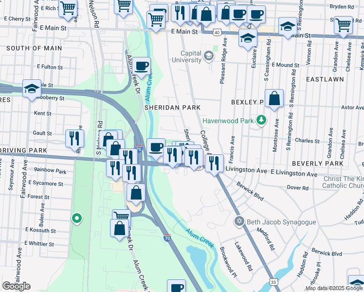 map of restaurants, bars, coffee shops, grocery stores, and more near 923 Sheridan Avenue in Bexley
