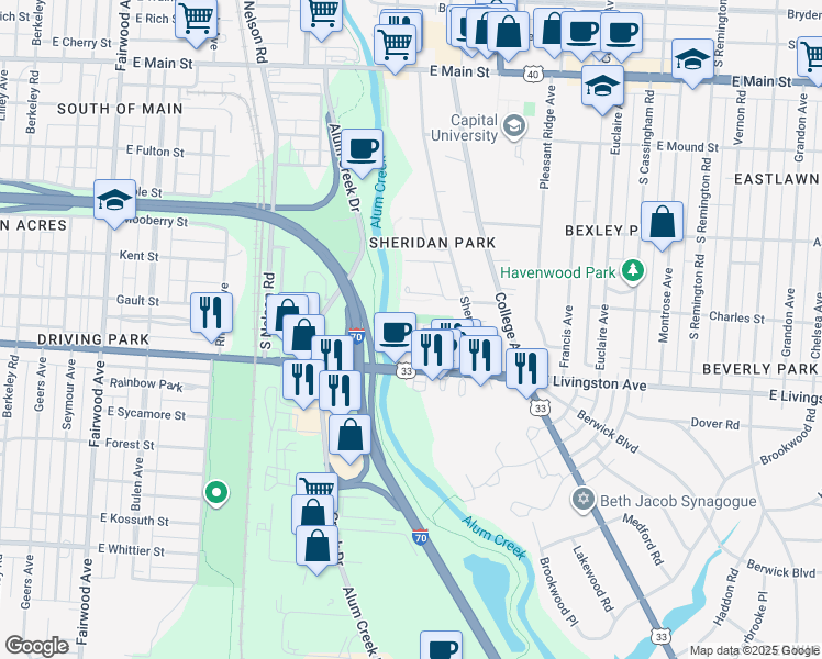map of restaurants, bars, coffee shops, grocery stores, and more near 914 Mayfield Place in Columbus